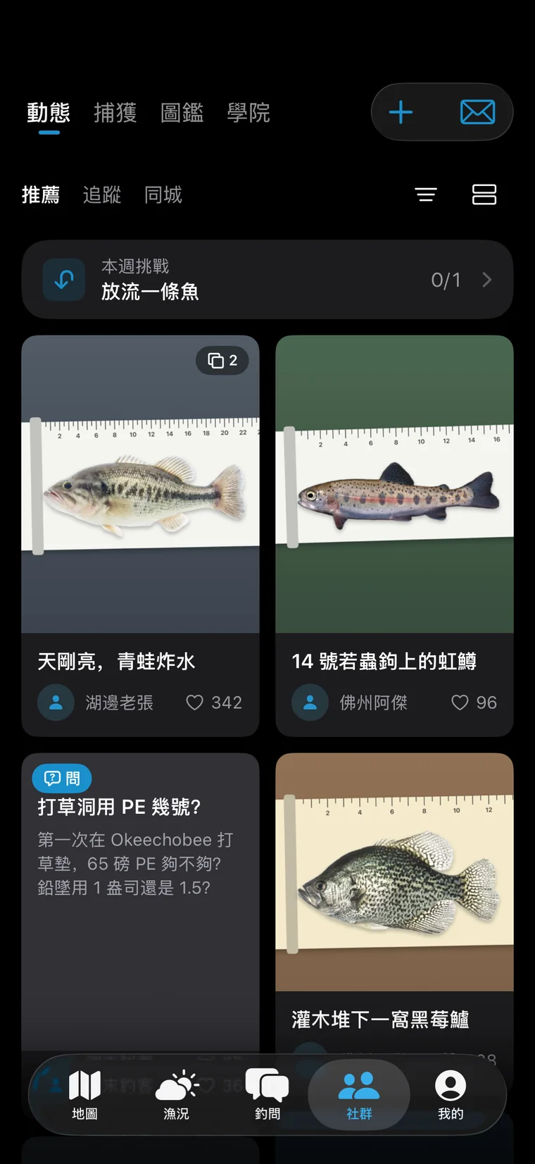 釣問 App 介面:推薦、關注、同城