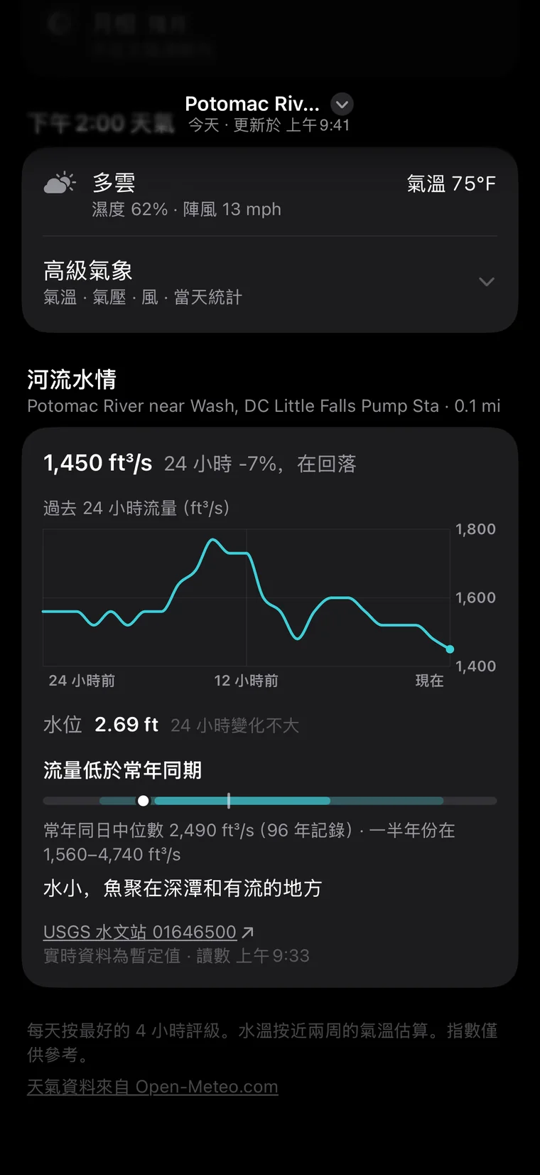 釣問 App 介面:河流流量